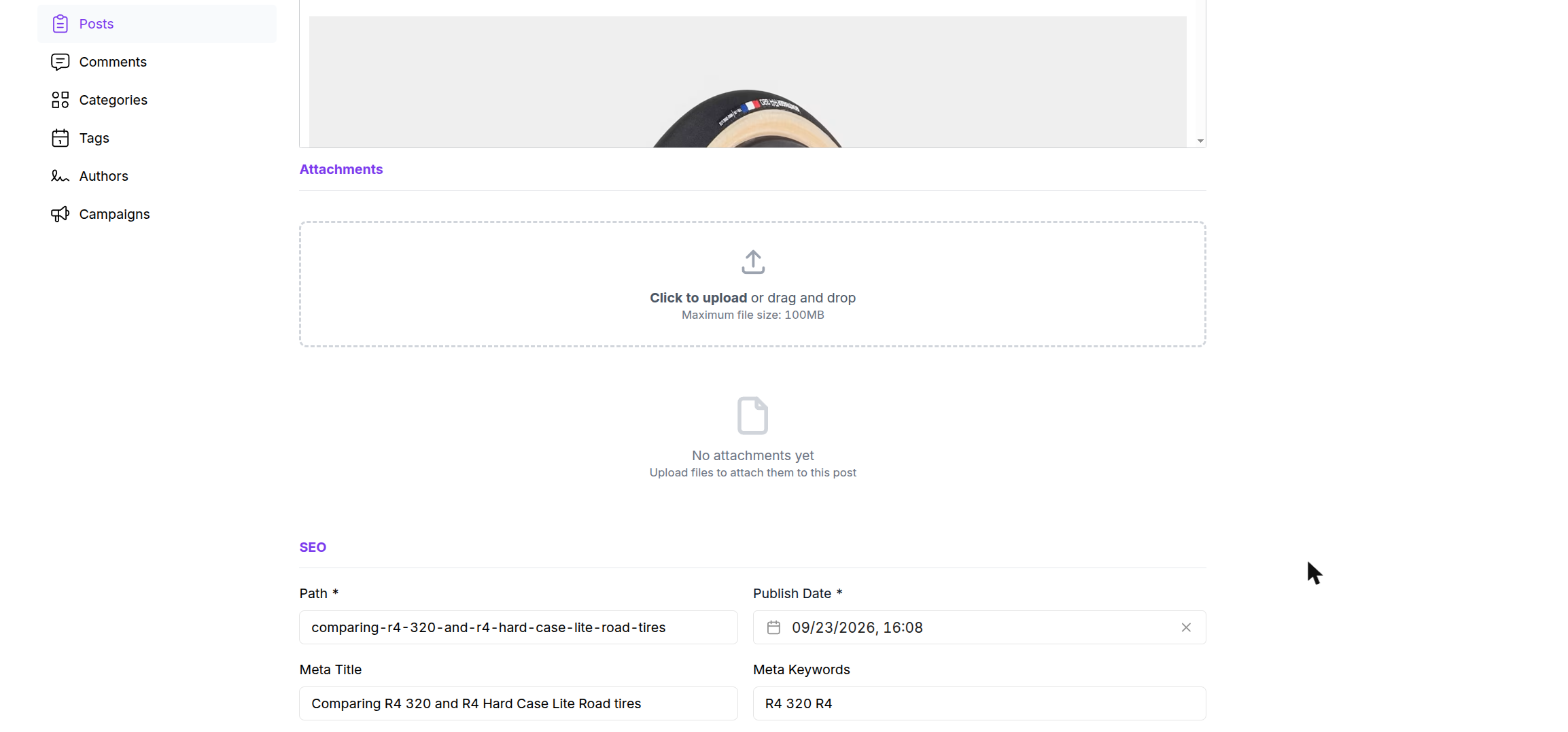 Attachments and SEO sections