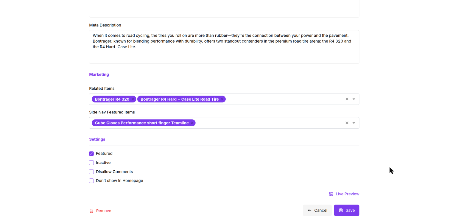 Marketing and Settings sections